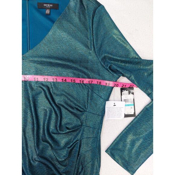 GUESS SZ 16 XL Plus teal gold textured vneck long sleeve ruched dress NWT B137 - Picture 7 of 8